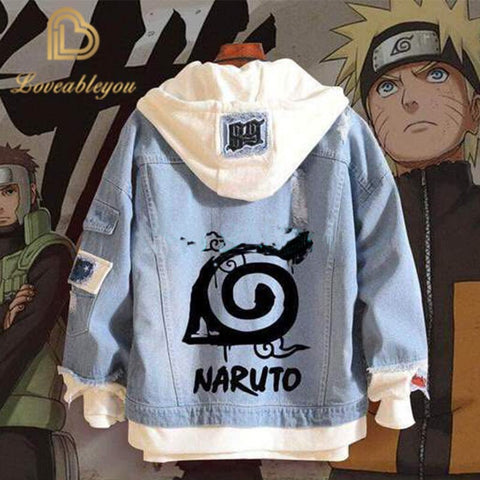 Anime Naruto Red Cloud Denim Ripped Jacket Men's and Women's Casual Loose Denim False Two Pieces Autumn Hooded Jackets