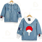 Anime Naruto Red Cloud Denim Ripped Jacket Men's and Women's Casual Loose Denim False Two Pieces Autumn Hooded Jackets